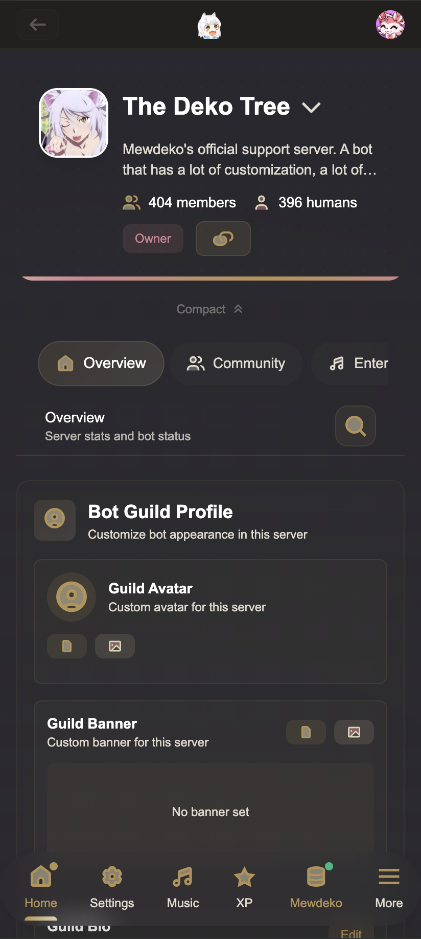 Mewdeko Mobile Dashboard Preview
